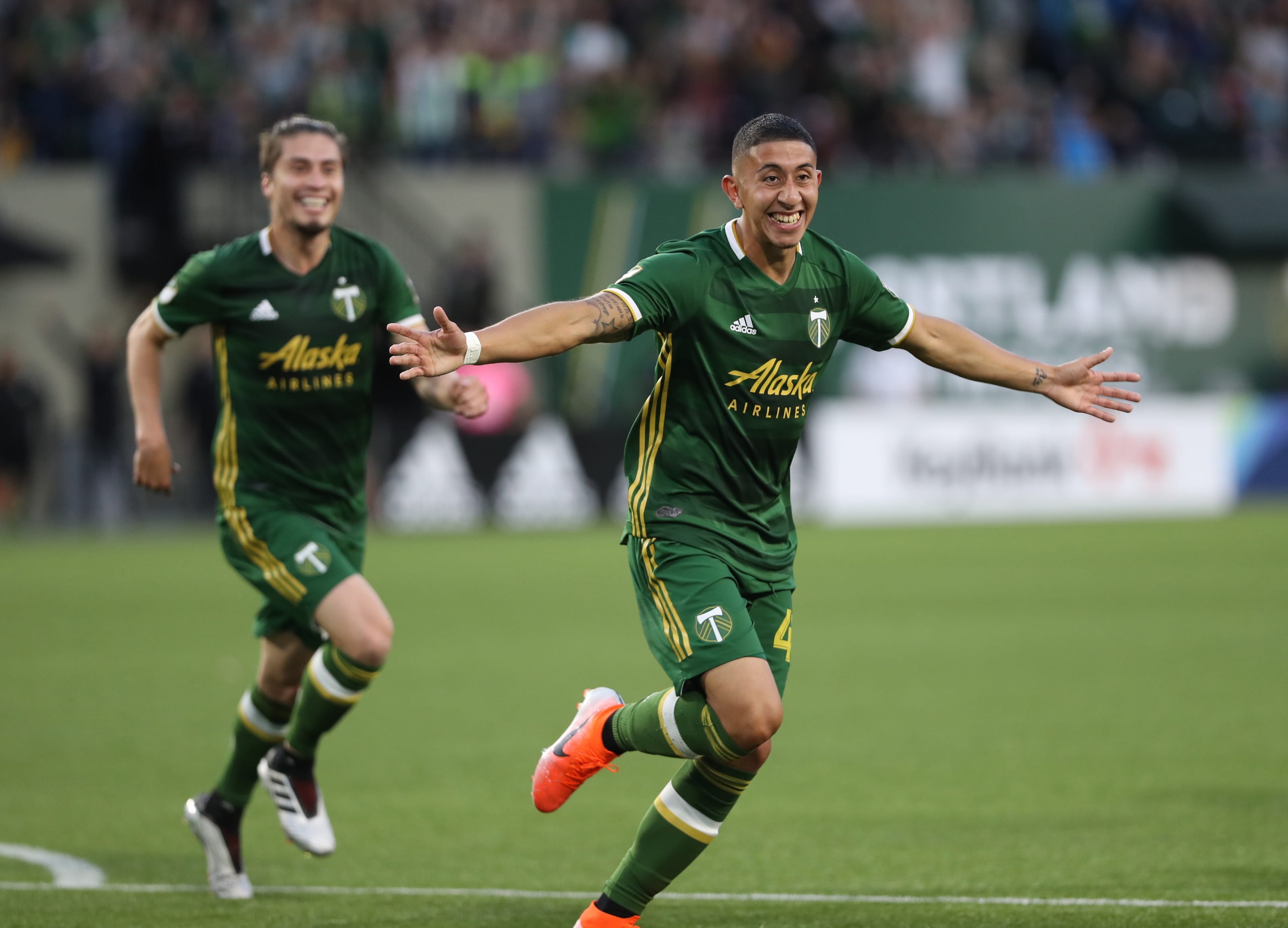 Portland Timbers' Marvin Loria (44) celebrates a first-half goal against the Houston Dynamo during an MLS soccer match Saturday, June 22, 2019, in Portland, Ore.