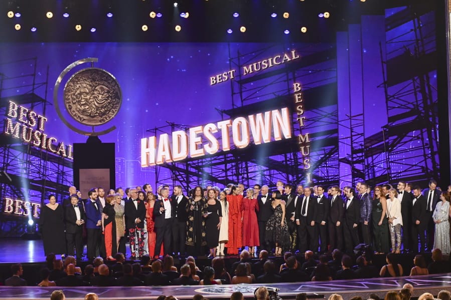 The company of “Hadestown,” accept the award for best musical Sunday at the 73rd annual Tony Awards at Radio City Music Hall in New York.