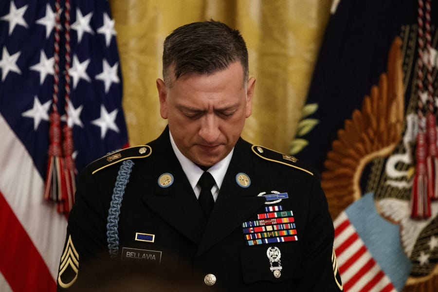 Army Staff Sgt. David Bellavia pauses durning a ceremony at the White House in Washington, Tuesday, June 25, 2019, before receiving the Medal of Honor for conspicuous gallantry while serving in support of Operation Phantom Fury in Fallujah, Iraq.