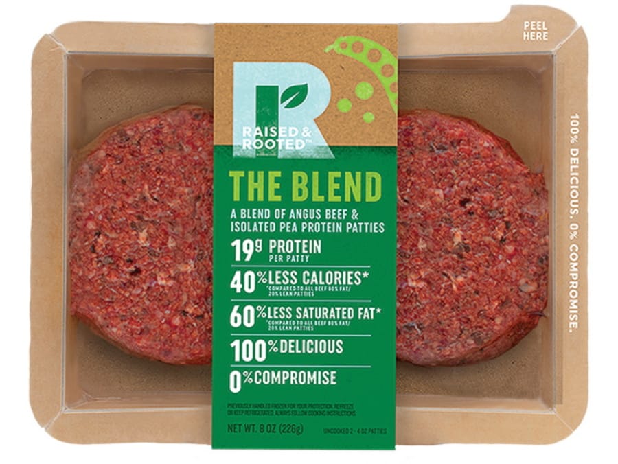 A plant-based meat alternative made by Tyson Foods. The blended burger made from beef and pea protein will debut this fall. The product will be sold under a new brand, Raised and Rooted, which will continue to develop new plant-based products and blends. Kevin Smith/Tyson Foods Inc.
