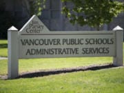 A sign for Vancouver Public Schools Administrative Services outside VPS offices.