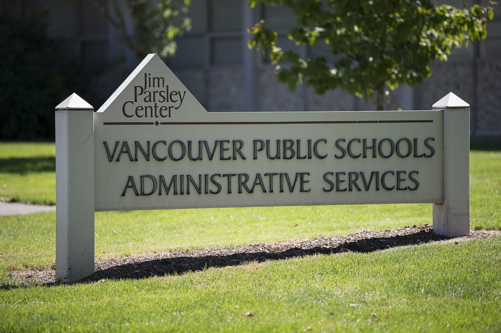 A sign for Vancouver Public Schools Administrative Services outside VPS offices.