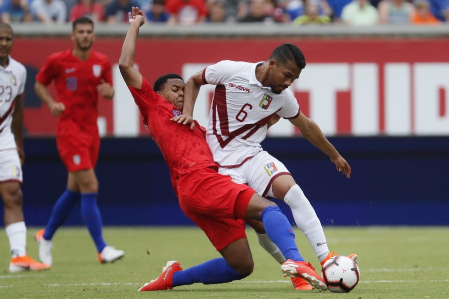 Venezuela midfielder Yangel Herrera (6) and United States midfielder Weston McKennie (8) vie for the ball during the first half of an international friendly soccer match, Sunday, June 9, 2019, in Cincinnati.