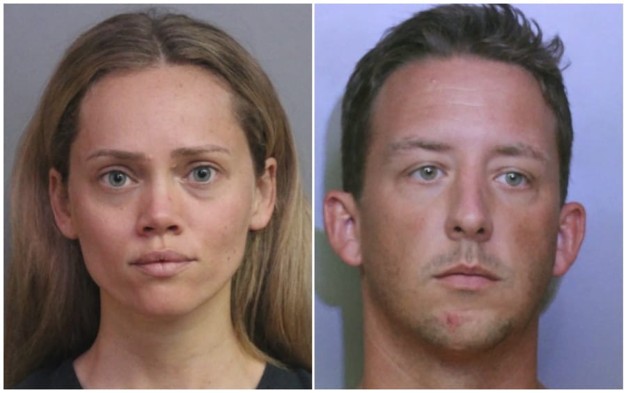 This combination of booking photos provided by the Polk County Sheriff’s Office shows Courtney Irby on June 15, 2019, and her husband Joseph Irby on June 14. A Florida lawmaker and others are asking a State Attorney not to prosecute Courtney Irby who was arrested while giving her husband’s guns to police after he was charged with trying to run her over. Courtney Irby spent six days in jail on charges of armed burglary and grand theft after she brought the guns from her husband’s apartment to the Lakeland Police. Joseph Irby was spending one day in jail at the time, accused of trying to run her over.