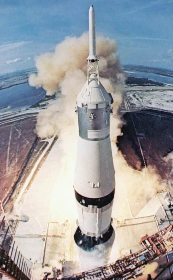 Man’s first journey to the surface of the moon begins precisely on schedule from Pad A, Complex 39 of the Kennedy Space Center on July 16, 1969. This photo was taken from atop the launch tower as Apollo 11 began to lift off.