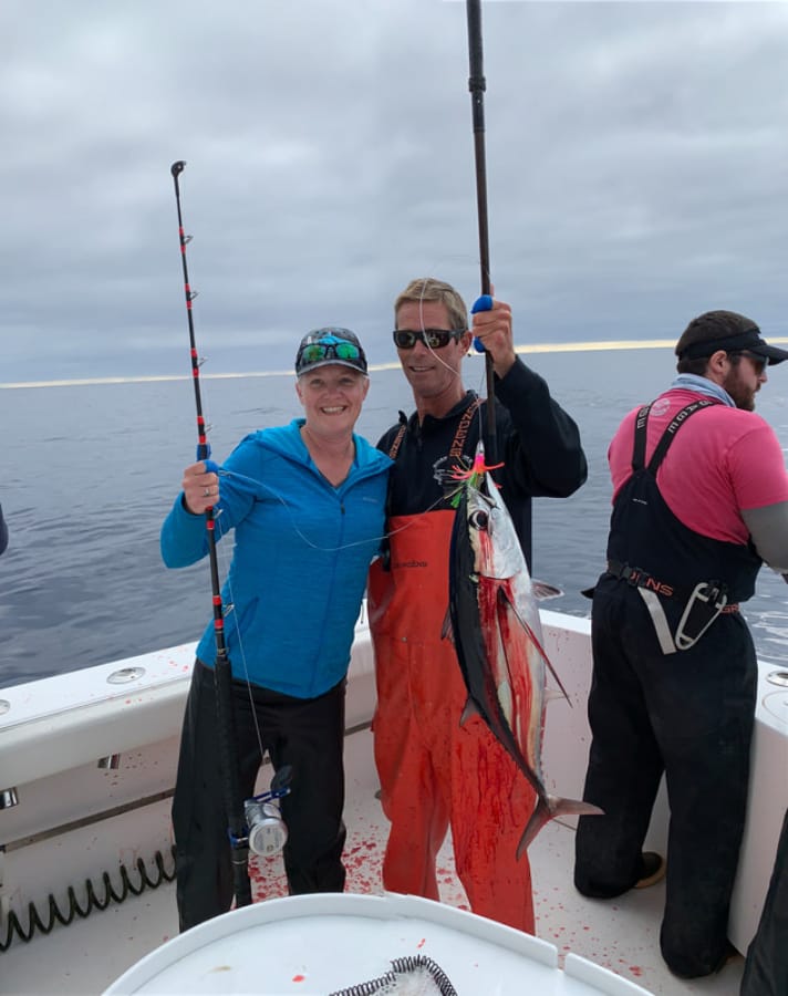 A happy angler proudly displayes the first tuna of the year for Shake and Bake Tuna Charters of Ilwaco, WA. The schools of albacore are finally within range of the Washington Coast.