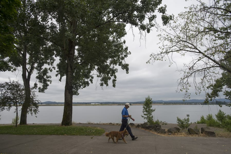 Vancouver resident Doug Ruecker strolls under overcast conditions with his daughter’s dog, Tony, a 3-year-old chow mix, while enjoying the morning at Wintler Community Park on Friday. Ruecker said he was happy for mild temperatures. “I prefer the cooler weather,” he said.