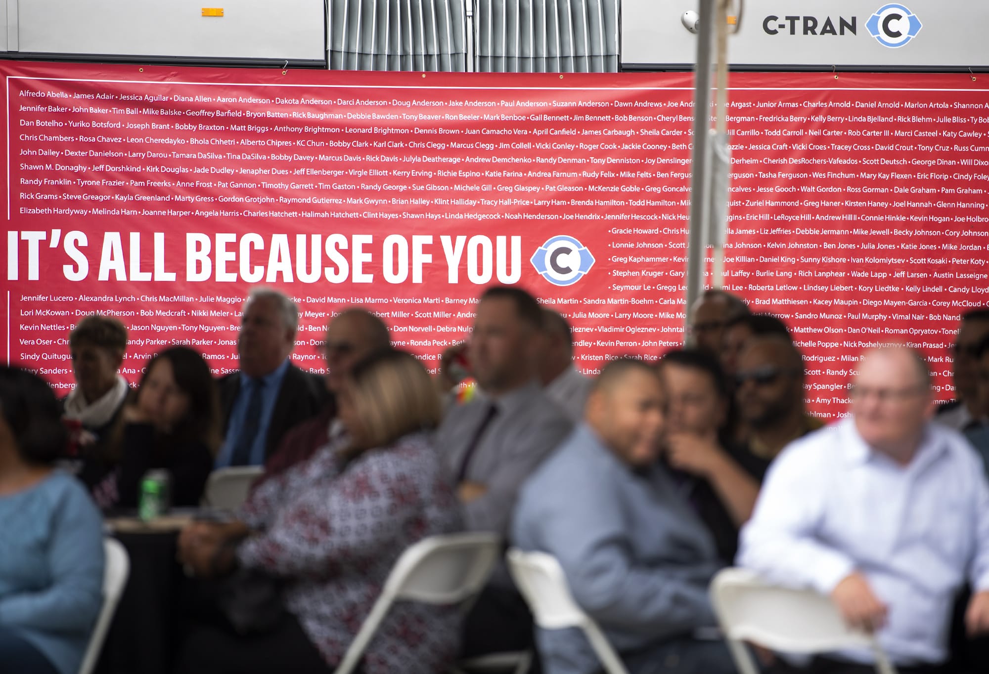 C-Tran hangs a banner with every C-Tran employeeÕs name on it, totaling 463, for the special event at the C-Tran offices in Vancouver on July 9, 2019. C-Tran revealed that The American Public Transportation Association has selected the company as its Transit System of the Year for 2019.