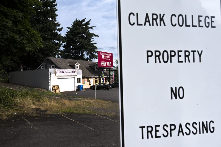 A sign marking the edge of the Clark College Foundation’s property is seen here near the site of a proposed development at the corner of East Fourth Plain Boulevard and Fort Vancouver Way. The Clark College Foundation hopes to some day develop the property into a welcoming entrance to the Vancouver community college.