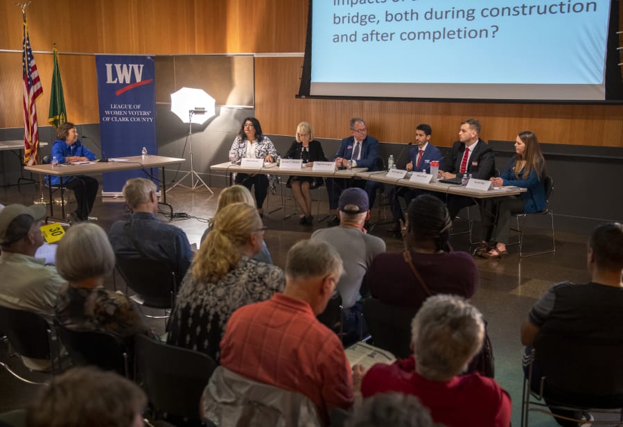 Vancouver City Council Position 6 candidates Diana Perez, from left, Jeanne Stewart, Paul Montague, Adam Aguilera, Mike Pond and Sarah Fox speak during a forum held by the League of Women Voters of Clark County on Wednesday evening at the Vancouver Community Library. Not pictured is Dorel Singeorzan, who was unable to attend.