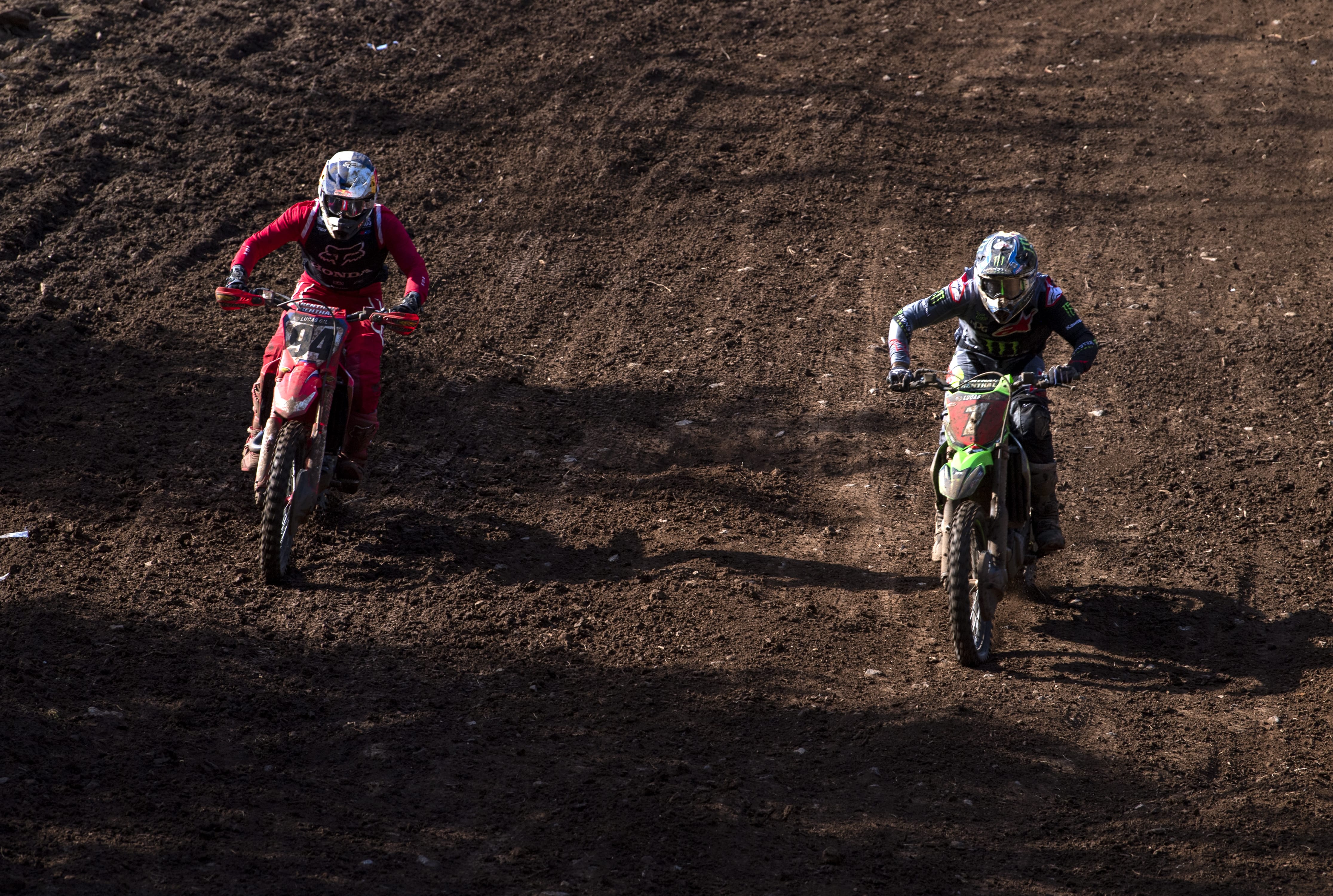 Ken Roczen of Germany, left, and Eli Tomac of Cortez, Colorado, right, race down a hill during the final laps of the 450 Class Moto #2 at the Washougal National Lucas Oil Pro Motocross at the Washougal MX Park on Saturday afternoon, July 27, 2019. Roczen placed second and Tomac placed first in the 450MX race.