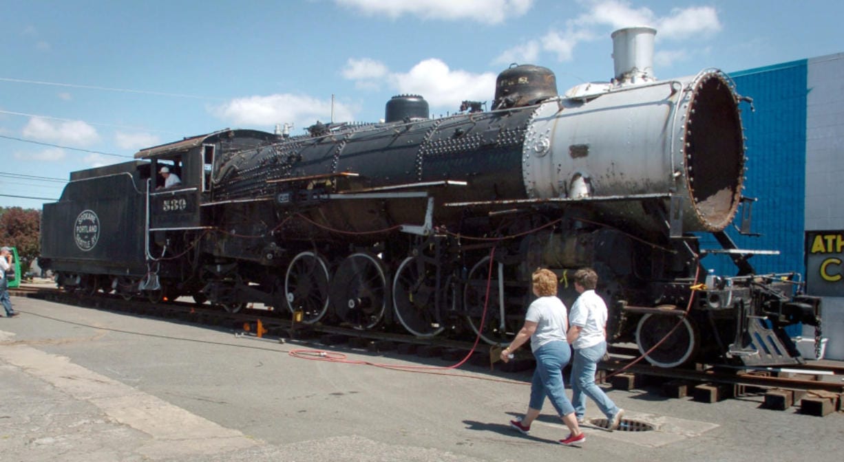 SP&S 539, with its front smokebox door removed, sits in Battle Ground in this August 2006 photo. The locomotive was moved the next year to Arizona, and now will be returned to be on display at the Port of Kalama.