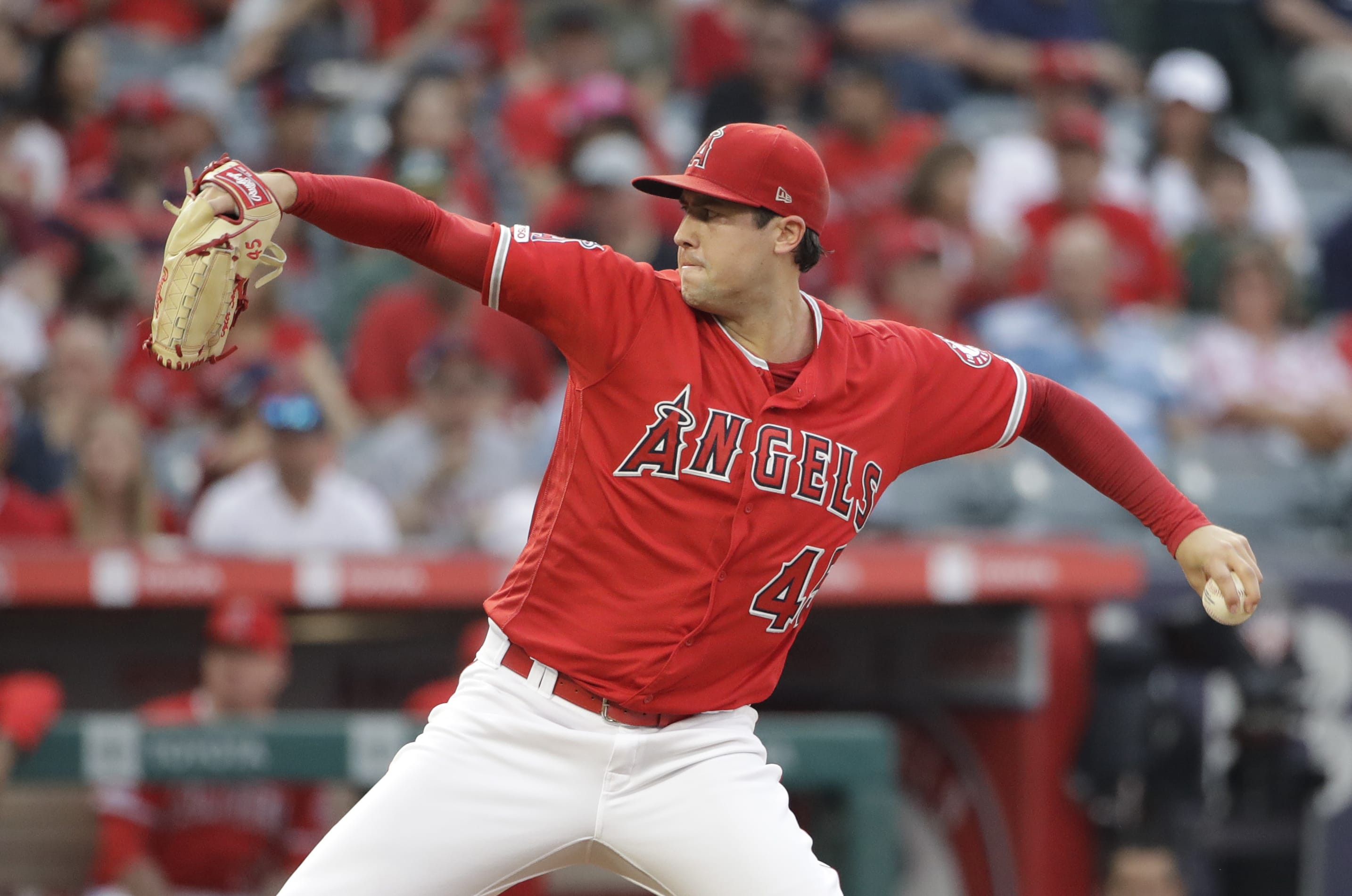 Los Angeles Angels starting pitcher Tyler Skaggs throws to the Oakland Athletics during the first inning of a baseball game Saturday, June 29, 2019, in Anaheim, Calif.