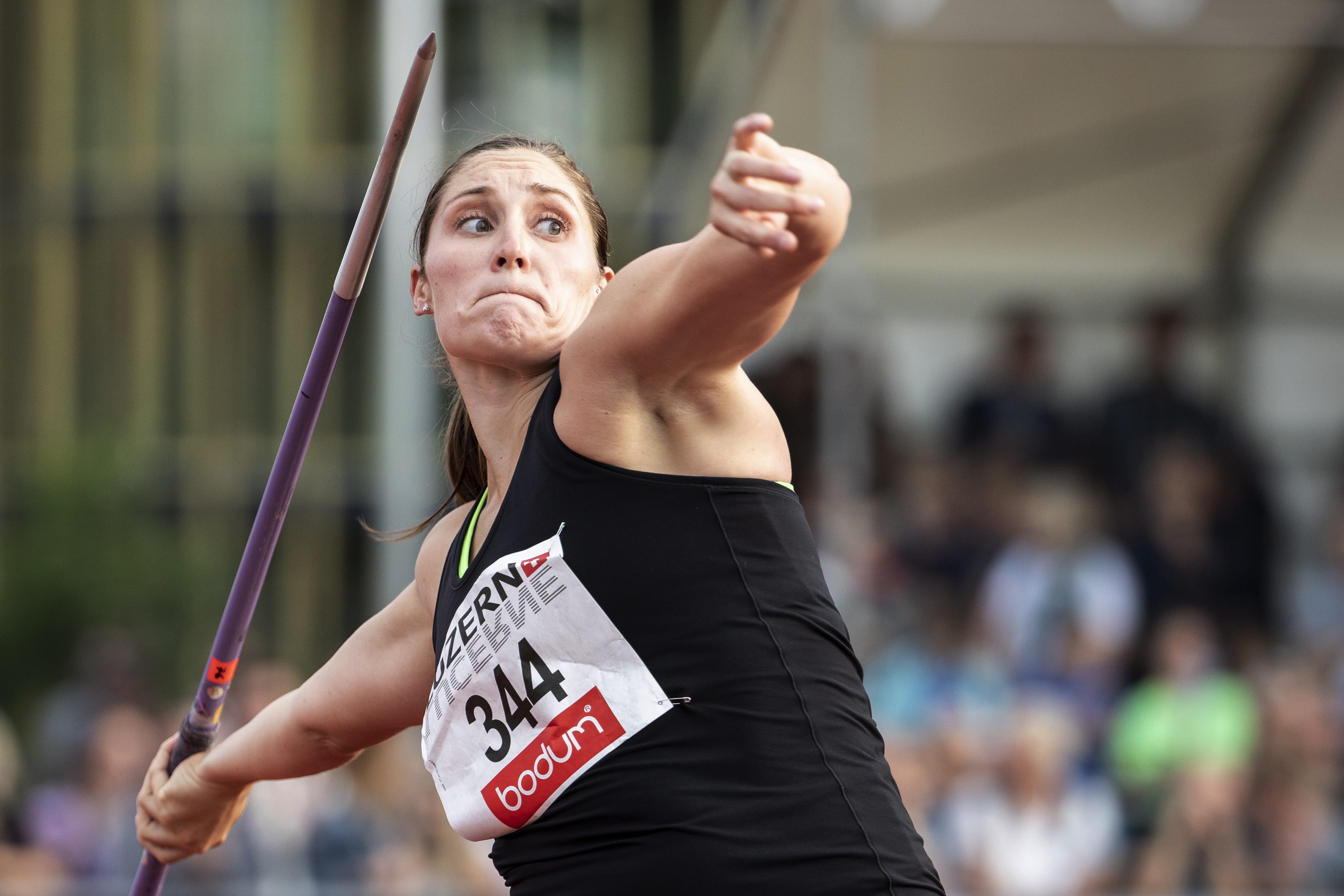 Kara Winger of the United States competes in the women's javelin event at the International Athletics Meeting in Lucerne, Switzerland, on Tuesday, July 9, 2019.