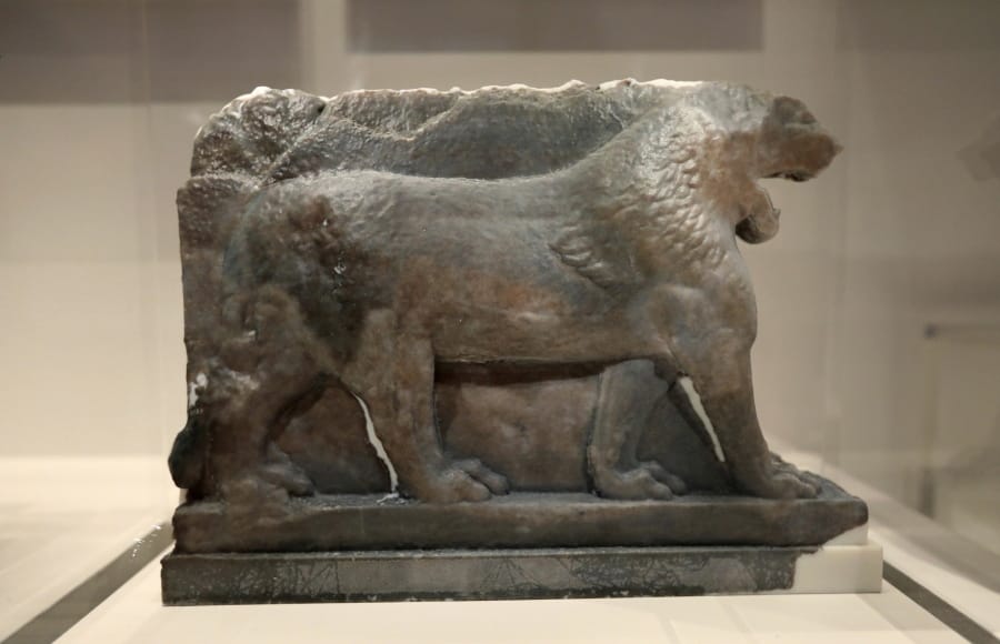 A 3D printed replica of the Lion of Mosul, which was destroyed by the Islamic State group at the Mosul Museum in Iraq, is displayed as part of the “What Remains” exhibition at the Imperial War Museum in London.