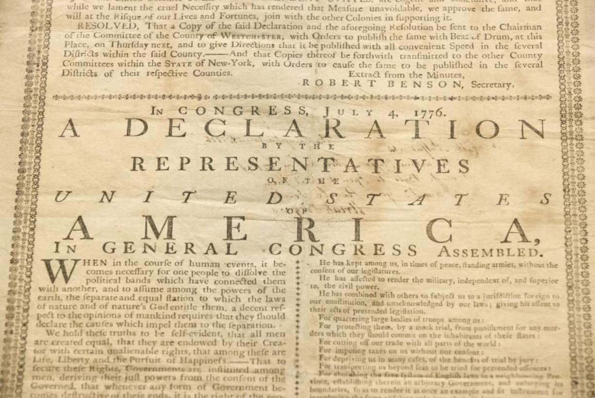 In this Monday, June 17, 2019 photo, shown is Holly Metcalf Kinyon’s 1776 broadside printing of the Declaration of Independence at the Museum of the American Revolution in Philadelphia. Metcalf Kinyon, a descendent of Declaration signer John Witherspoon, has lent her document to the museum to be displayed from June 18 to the end of the year.