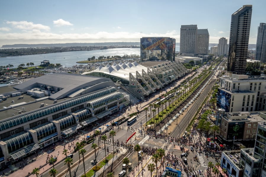 An aerial view on July 20, 2018, of the San Diego Convention Center, the site of Comic-Con International in San Diego. This year’s Comic-Comic kicked off Wednesday, with a big Marvel Studios panel set for Saturday that’s sure to be the hottest ticket in town.
