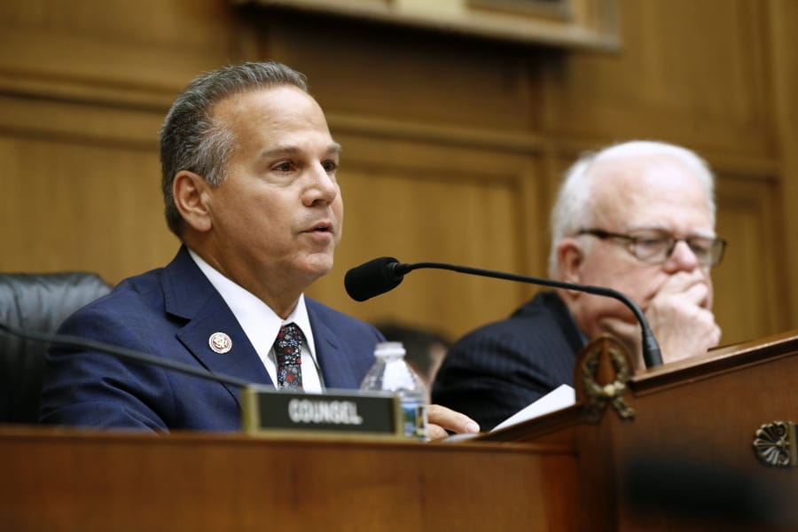 Rep. David Cicilline, D-R.I., left, chair of the House Judiciary antitrust subcommittee, speaks alongside ranking member, Rep. Jim Sensenbrenner, R-Wisc., during a House Judiciary subcommittee hearing with representatives from major tech companies, Tuesday, July 16, 2019, on Capitol Hill in Washington.