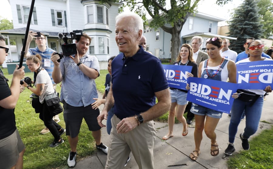 Former vice president and Democratic presidential candidate Joe Biden arrives to walk in the Independence Fourth of July parade, Thursday, July 4, 2019, in Independence, Iowa.