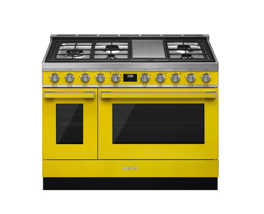 One of SMEG USA’s yellow ranges. If you’re keen to take a bigger leap into yellow beyond just paint or accessories, consider appliances. SMEG has a suite of stoves, range hoods and fridges in the hue; paired with neutral colors, stone and wood, the look is upbeat and uber cool.