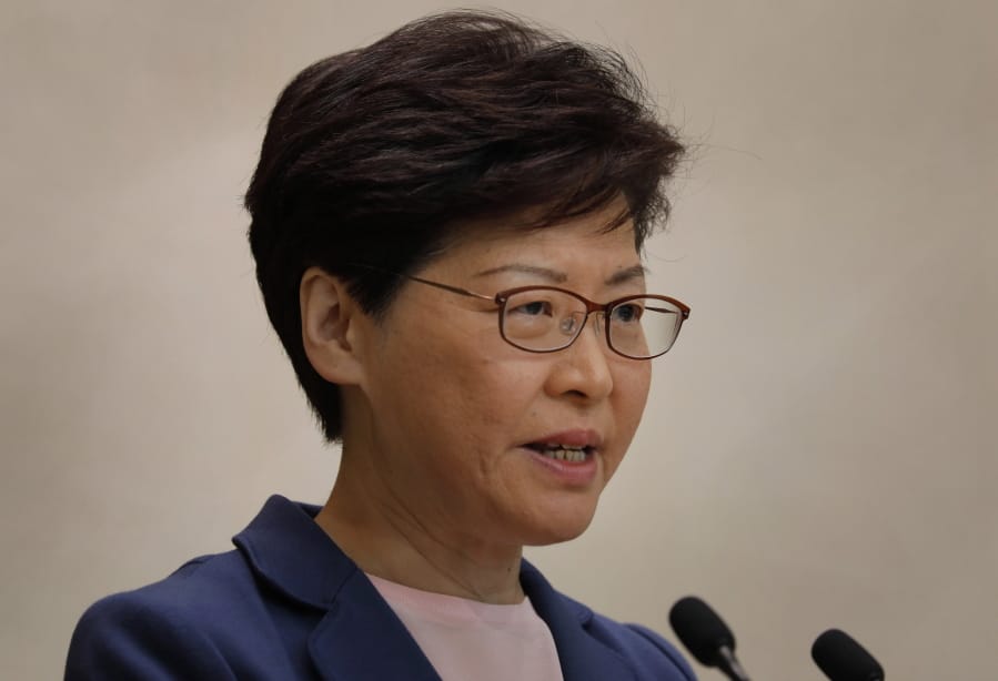 Hong Kong Chief Executive Carrie Lam speaks during a press conference in Hong Kong, Tuesday, July 9, 2019. Lam said Tuesday the effort to amend an extradition bill was dead, but it wasn’t clear if the legislation was being withdrawn as protesters have demanded.