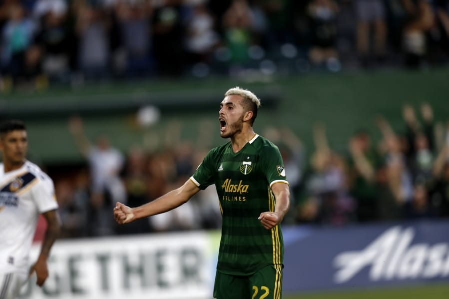 Portland Timbers' Cristhian Paredes (22) reacts during the first half of an MLS soccer match against the LA Galaxy in Portland, Ore., on Saturday, July 27, 2019.