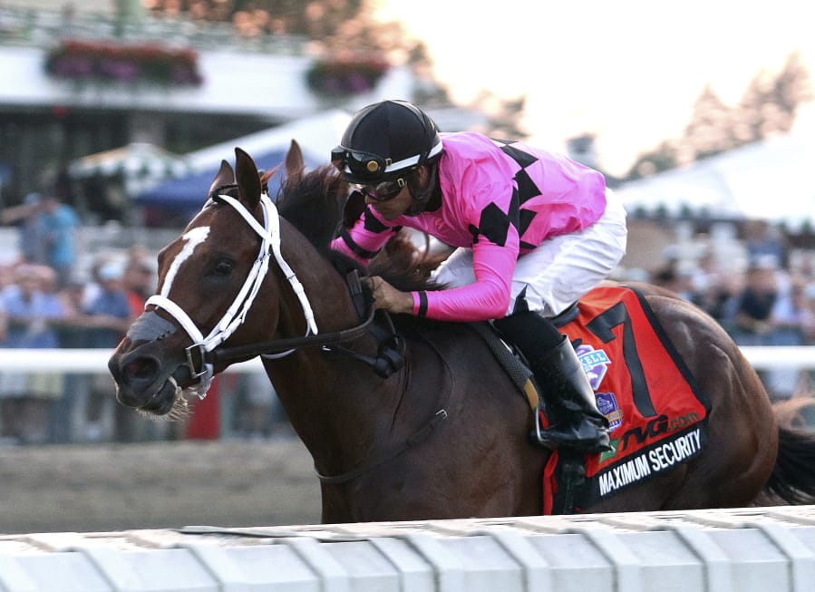 In this image provided by Bill Denver/EQUI-PHOTO, Inc., Maximum Security (7), ridden by Luis Saez, wins the Grade I - $1,000,000 TVG.com Haskell Invitational horse race Saturday, July 20, 2019, at Monmouth Park Racetrack in Oceanport, N.J. (Bill Denver/EQUI-PHOTO, Inc.