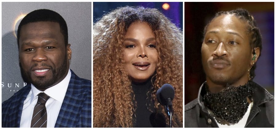 From left, rapper 50 Cent, singer Janet Jackson and rapper Future who have been added to the lineup for the Jeddah World Fest, the concert in Saudi Arabia.