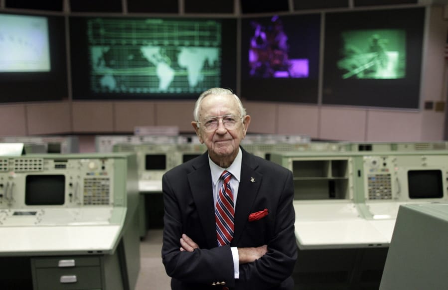 NASA Mission Control founder Chris Kraft sits in the old Mission Control in July 2011 at Johnson Space Center in Houston. Kraft, the founder of NASA’s Mission Control, died Monday, two days after the 50th anniversary of the Apollo 11 moon landing. He was 95.