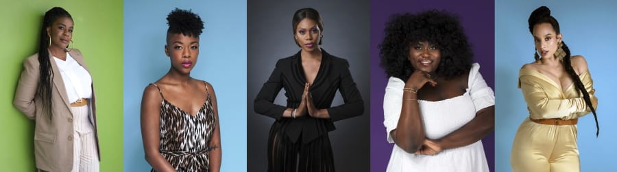 This combination photo shows actresses, from left, Uzo Aduba, Samira Wiley, Laverne Cox, Danielle Brooks and Dascha Polanco posing for a portrait in New York to promote the 7th season of “Orange Is the New Black.” The final season will be available July 26 on Netflix.