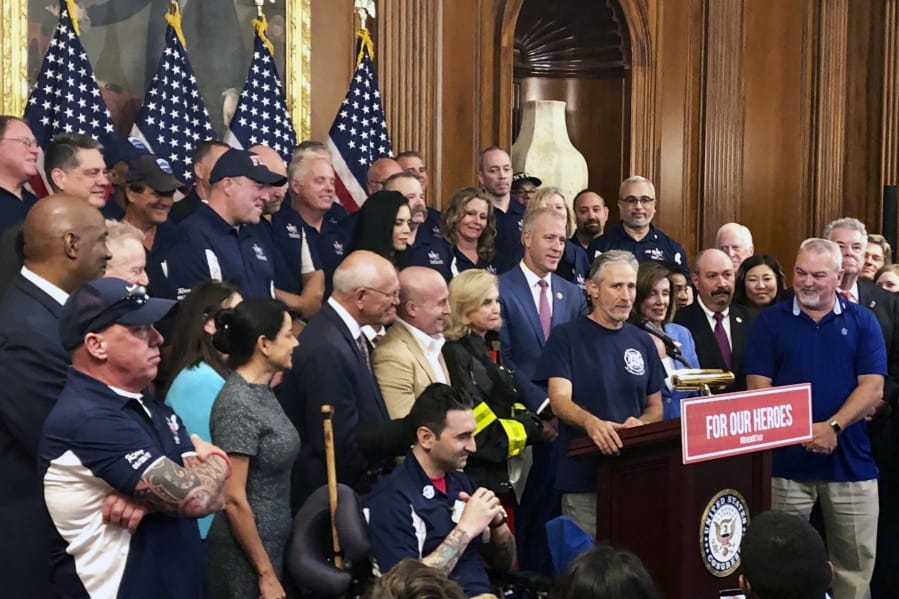 Entertainer and activist Jon Stewart, speaks at a news conference on behalf of 9/11 victims and families, Friday, July 12, 2019, at the Capitol in Washington. The House is expected to approve a bill Friday ensuring that a victims’ compensation fund for the Sept. 11 attacks never runs out of money.