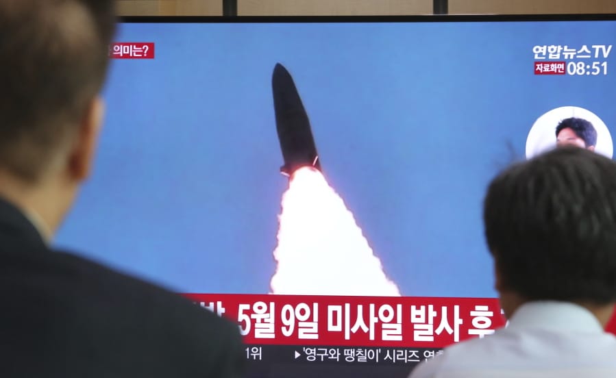 People watch a TV showing a file image of North Korea’s missile launch during a news program at the Seoul Railway Station in Seoul, South Korea, Thursday, July 25, 2019. North Korea fired two unidentified projectiles into the sea on Thursday, South Korea’s military said, the first launches in more than two months as North Korean and U.S. officials work to restart nuclear diplomacy.