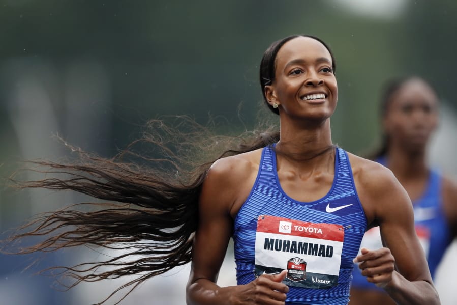 Dalilah Muhammad smiles as she wins the women’s 400-meter hurdles at the U.S. Championships athletics meet, Sunday, July 28, 2019, in Des Moines, Iowa.