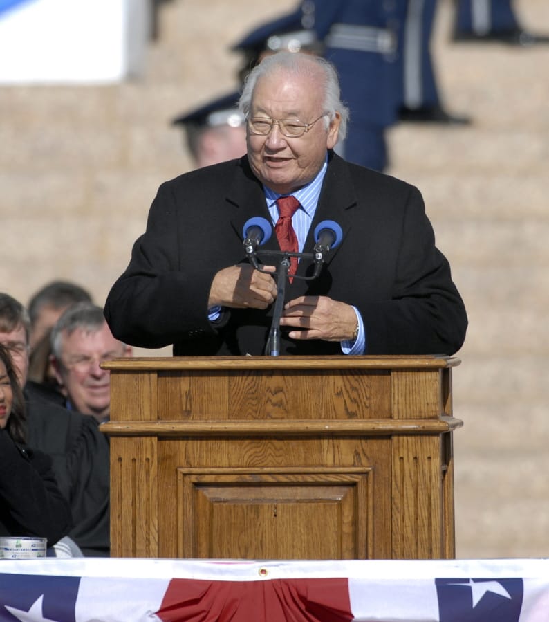 In this Monday, Jan. 8, 2007 photo, Pulitzer Prize-winning writer N. Scott Momaday recites a poem at the inauguration of Oklahoma Gov. Brad Henry at the State Capitol in Oklahoma City. Dayton Literary Peace Prize officials selected novelist, poet and essayist N. Scott Momaday for the Richard C. Holbrooke Distinguished Achievement Award.