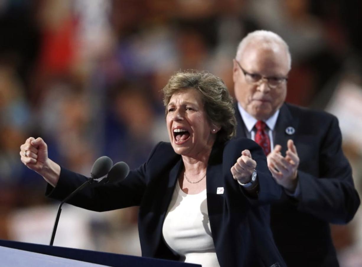 FILE - In this Monday, July 25, 2016, file photo, Randi Weingarten, president of American Federation of Teachers, speaks as Lee Saunders, president of American Federation of State, County and Municipal Employees, applauds during the first day of the Democratic National Convention in Philadelphia. Union membership among public employees has fallen only slightly in the nation’s most unionized states since the Supreme Court ruled in 2018 that government workers no longer could be required to pay union fees, according to an analysis of federal data conducted for The Associated Press.