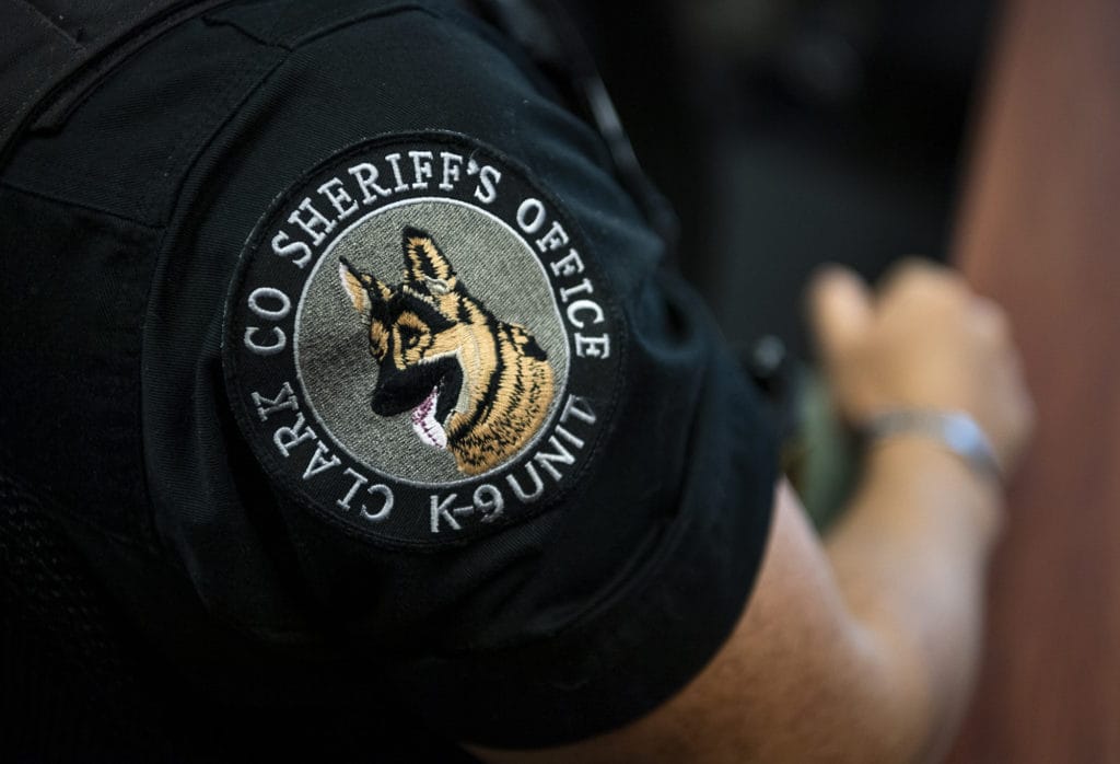Deputy Eric Cramer's Clark County Sheriif's Office K-9 unit patch is pictured during an afternoon debriefing at the Clark County Sheriff West Precinct in Ridgefield on Thursday, July 18, 2019.