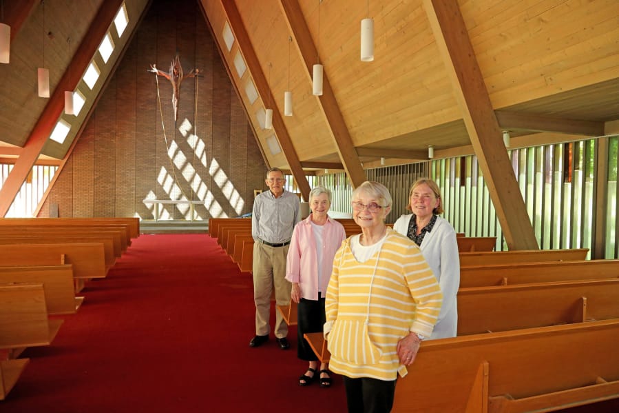 Grace Lutheran Church in Bellevue closed this year due to waning attendance. Among the remaining church members are Howard Johnson, from left, and his wife, Judy Johnson, Gail DíAlessio and Marcia Bodin.