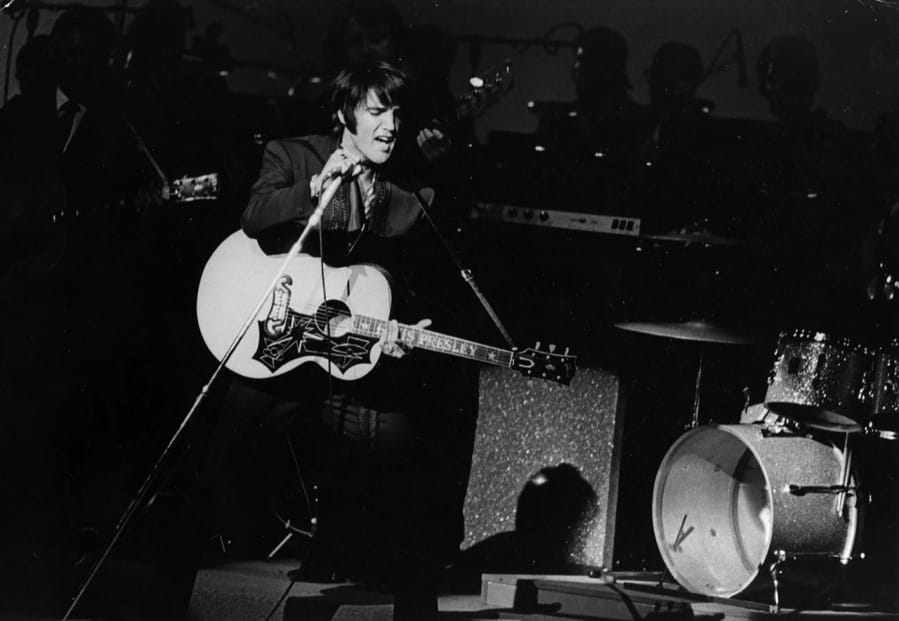 Elvis Presley performs at the International Hotel in Las Vegas in 1969.