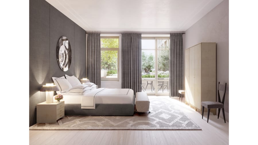 A room with light sanded floors designed by Ryan Korban. Korban says light floors lend themselves to a more serene sleeping environment. He used them in this New York City bedroom.