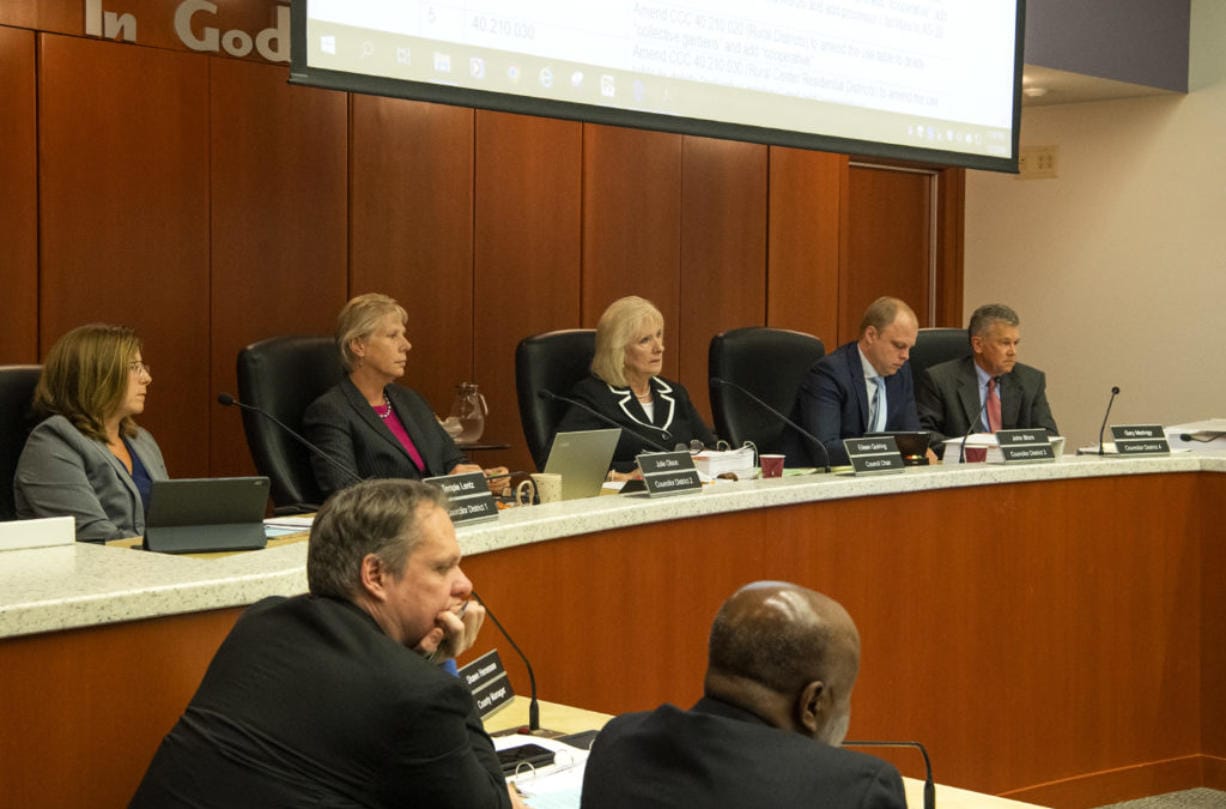 The Clark County Council, from left, Temple Lentz, Julie Olson, Chair Eileen Quiring, John Blom and Gary Medvigy at a meeting in July 2019.