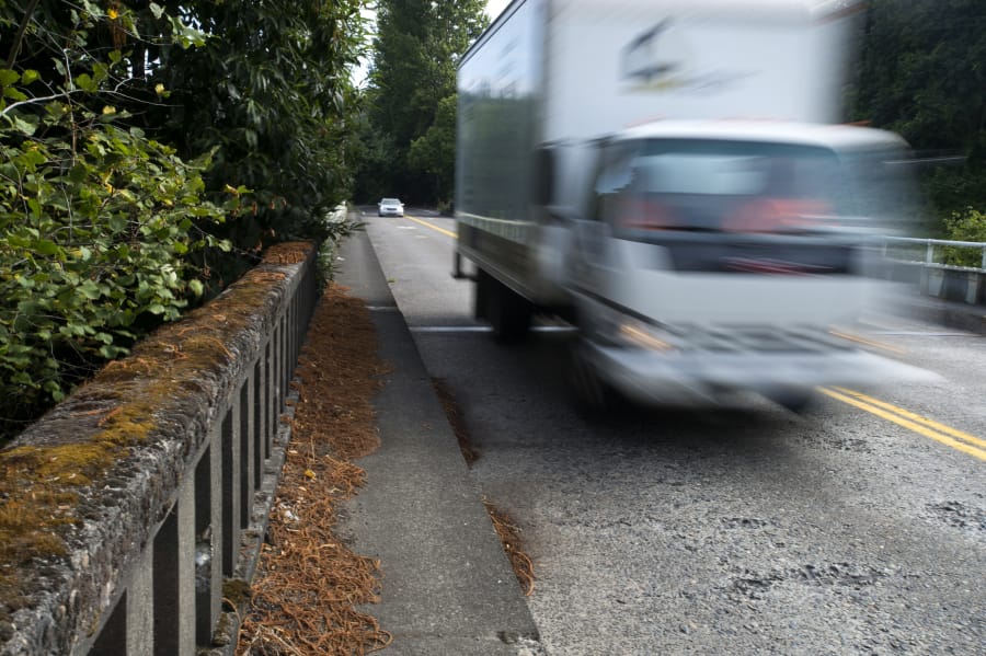 Traffic heads south over the Fruit Valley Road railway bridge, which has no bike lanes. There’s no wiggle room, and you have to be looking out for cars going 45 mph on a narrow roadway marked 35 mph, said Sally Butts, a ride leader with the Vancouver Bicycle Club.