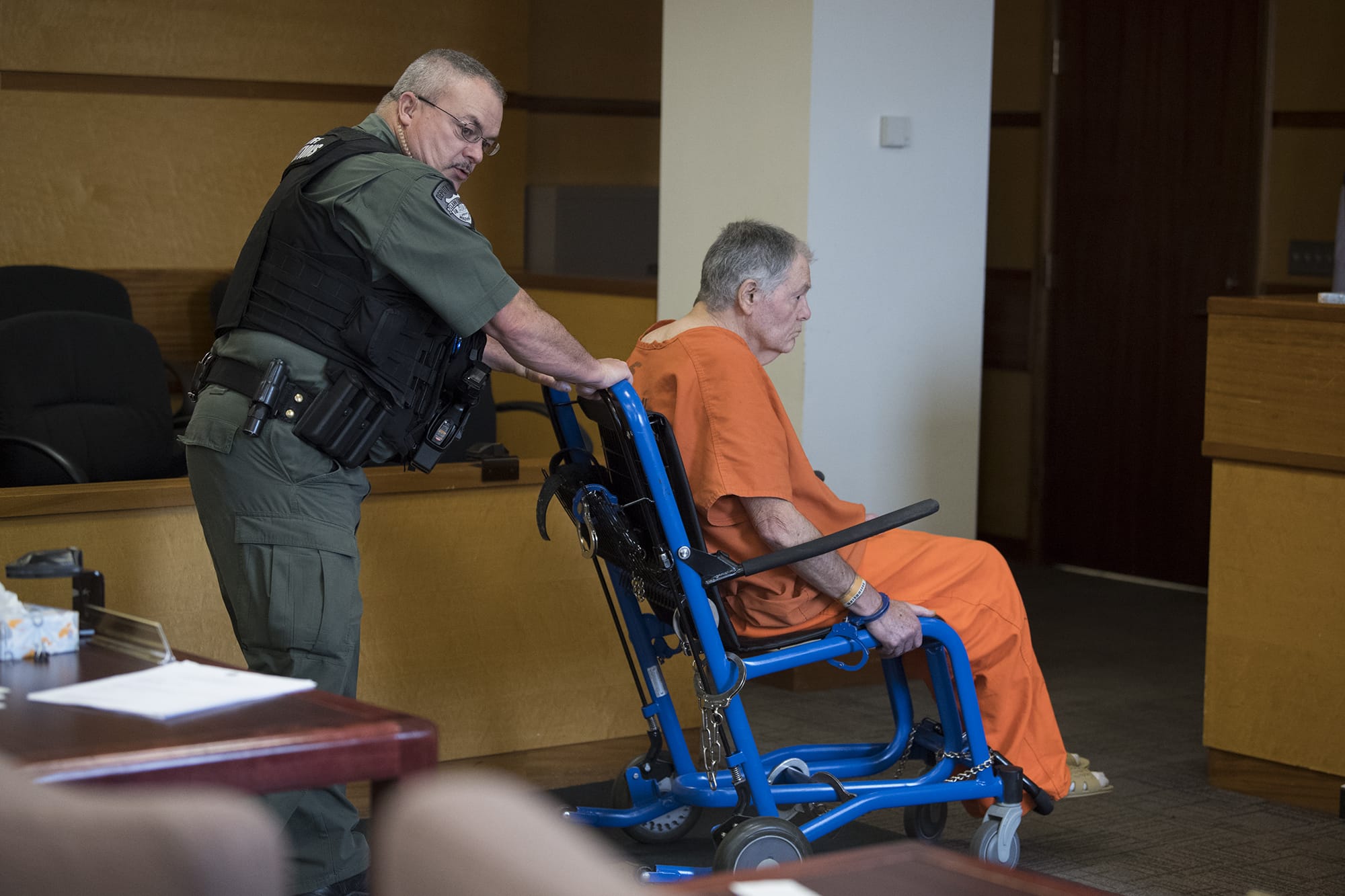 David Jay Sterling, 74, is wheeled into the courtroom for sentencing in a decades-old serial rape case after spending years in federal prison at Clark County Superior Court on Thursday morning, Aug. 8, 2019. The court imposed five suspended life sentences in the case.