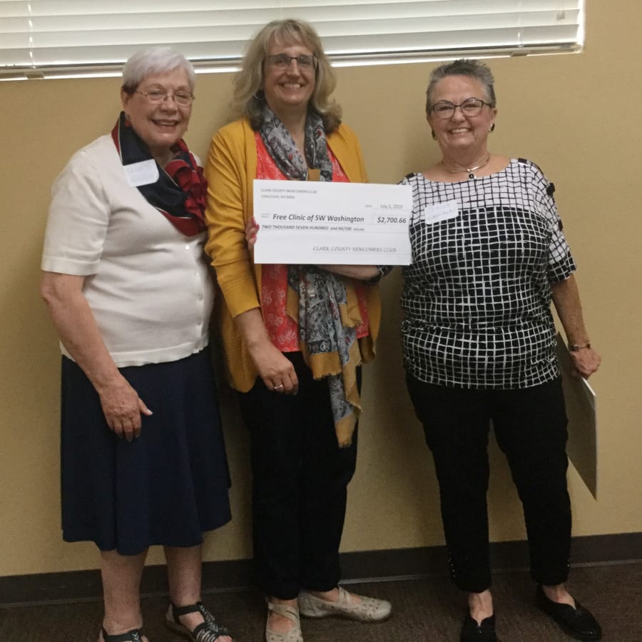 Bagley Downs: The Clark County Newcomers Club donated more than $2,000 to the Free Clinic of Southwest Washington. Earlier this summer, they presented the clinic with a check. From left: Gladys Green, club president for 2017 to 2018, Pam Knepper, the free clinic’s development manager, and Sally Gannaway, the newcomers’ charity chairwoman for 2019.