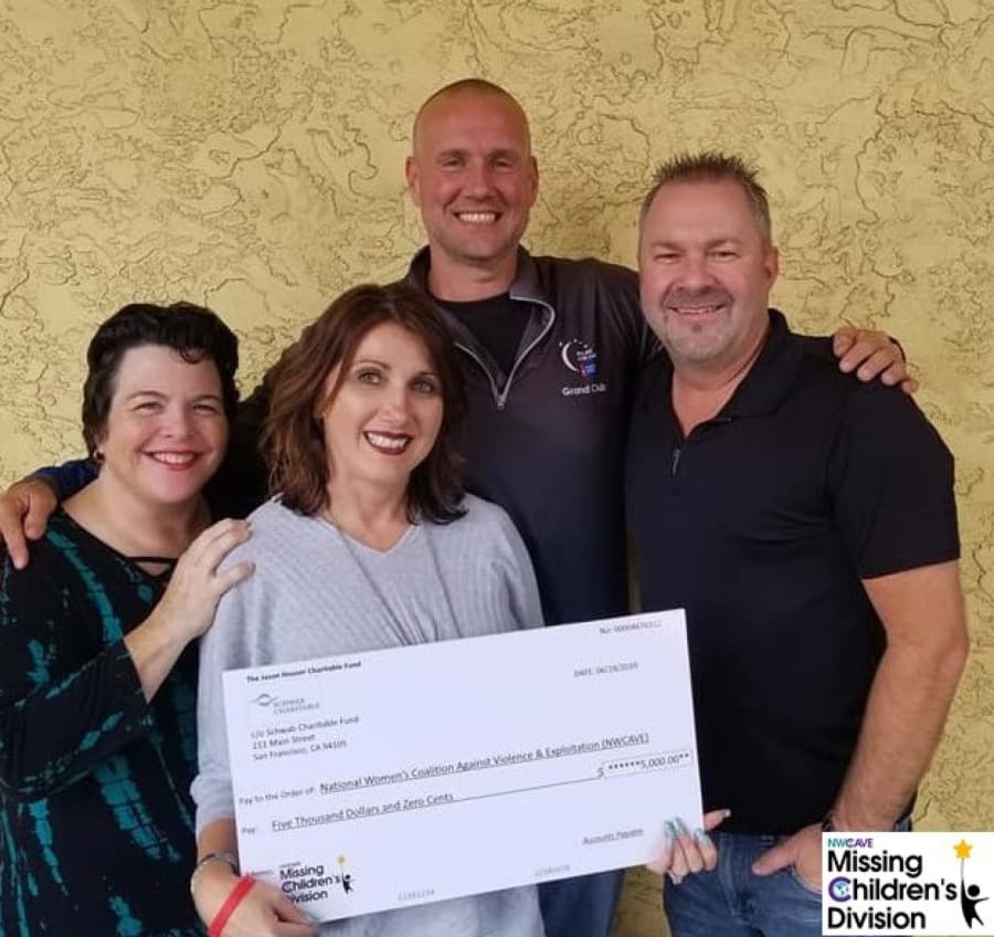 First Place: The National Women’s Coalition Against Violence & Exploitation received a $5,000 grant from the Jason Houser Foundation for the coalition’s Missing Children’s Division. From left: Michelle Bart, president and co-founder of the coalition, Lisa Houser, owner of Utopia Salon & Day Spa, Jason Houser of the Jason Houser Foundation, and Eric Anderson, director of the Missing Children’s Division.