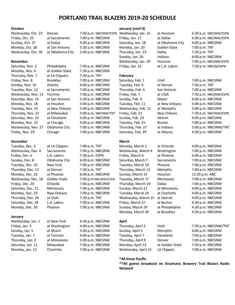 The 2019-20 Portland Trail Blazers season schedule PDF