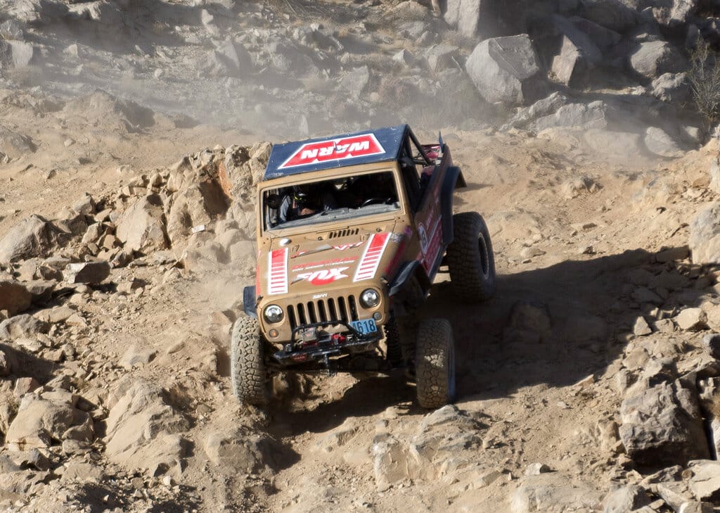 Jessi Combs of Long Beach, Calif., drops into the final chute before the finish line of the Smitty Built Everyman's Challenge Race of the King of the Hammers in Lucerne Valley, Calif., on Feb. 8, 2018. Jet-car speed racer Jessi Combs has died in a crash in Oregon's Alvord Desert while trying to break a land-speed record. The Harney County Sheriff's Office confirmed Wednesday, Aug. 28, 2019 that Combs died in the single-car crash in a dry lake bed in the remote desert around 4 p.m. Tuesday. The 36-year-old Combs was known as the "fastest woman on four wheels" for setting a land-speed record of 298 mph (480 kph).