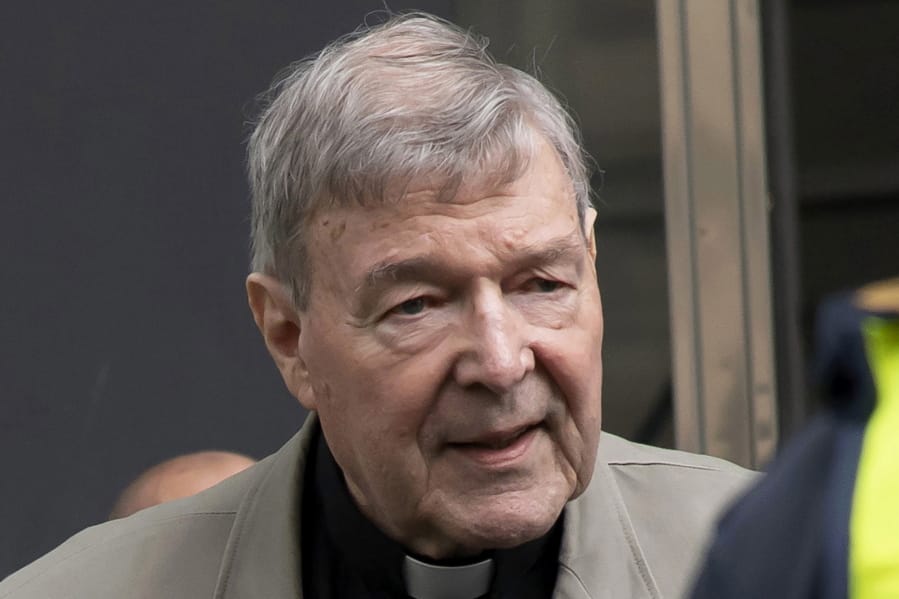 FILE - In this Feb. 26, 2019, file photo, Cardinal George Pell arrives at the County Court in Melbourne, Australia. Pell’s appeal against his convictions for child molestation was largely a question of who should the jury have believed, his accuser or a senior priest whose church role was likened to Pell’s bodyguard. Pell’s accuser was a 13-year-old choirboy when he alleged he was abused by then Melbourne Archbishop Pell at St. Patrick’s Cathedral in December 1996 and February 1997. The appeal court will give their verdict on Aug. 21.