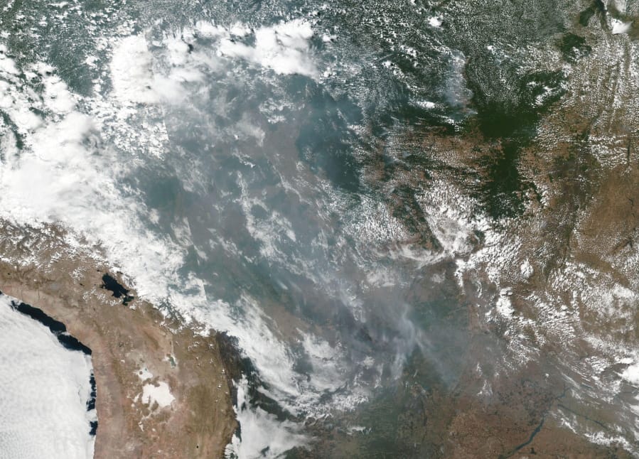 This satellite image provided by NASA shows the fires in Brazil on Aug. 20, 2019. As fires raged in the Amazon rainforest, the Brazilian government on Thursday denounced international critics who say President Jair Bolsonaro is not doing.