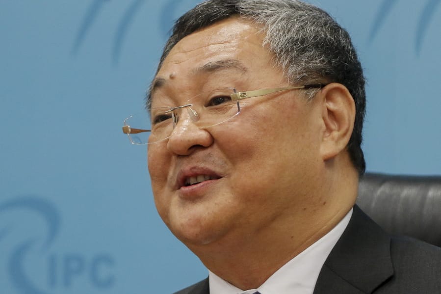 Director of the foreign ministry’s Arms Control Department, Fu Cong speaks during a press conference at the Ministry of Foreign Affair building in Beijing, Tuesday, Aug. 6, 2019. China said Tuesday it “will not stand idly by” and will take countermeasures if the U.S. deploys intermediate-range missiles in the Indo-Pacific region, which it plans to do within months.