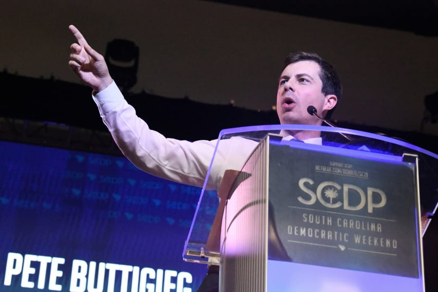 In this Saturday, June 22, 2019 photo, Democratic presidential candidate, Pete Buttigieg, mayor of South Bend, Ind., speaks at the South Carolina Democratic Party state convention in Columbia, S.C. Buttigieg is focusing his efforts this weekend on campaigning in South Carolina, where the majority of Democratic primary voters are black.
